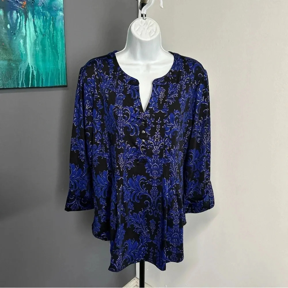 Women’s Large Pullover Top Metallic Stretch Slinky 3/4 Sleeve‎ Black Blue Career